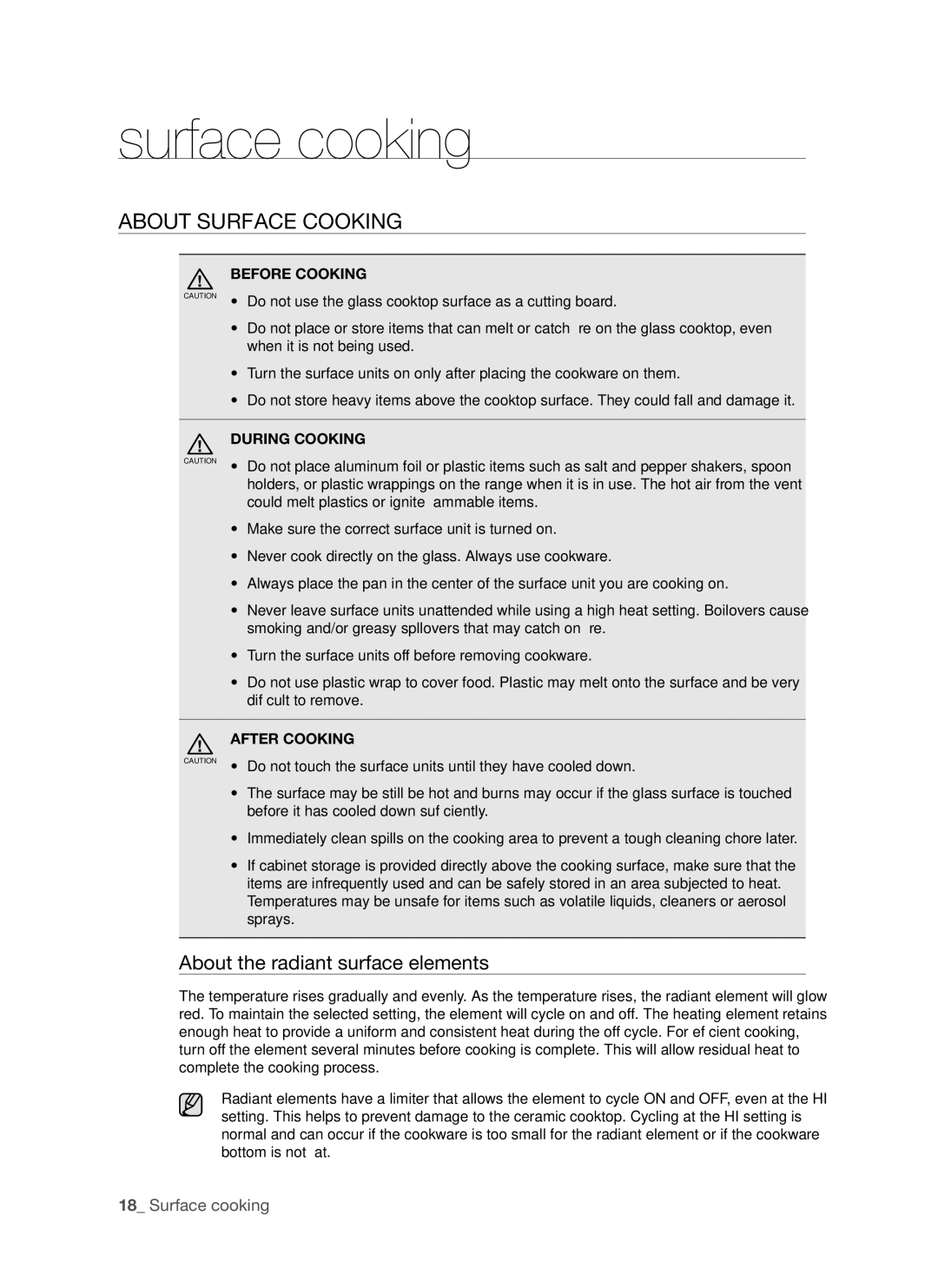 Samsung FE-R500WW user manual Surface cooking, About surface cooking, About the radiant surface elements 