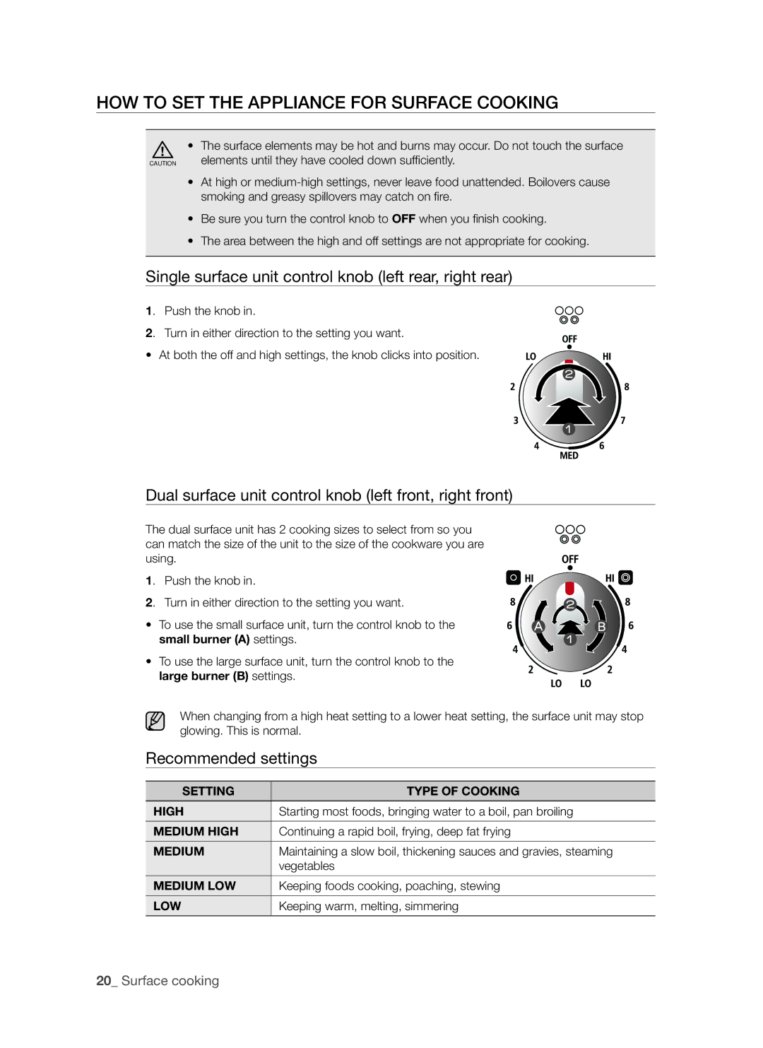 Samsung FE-R500WW How to set the appliance for surface cooking, Single surface unit control knob left rear, right rear 