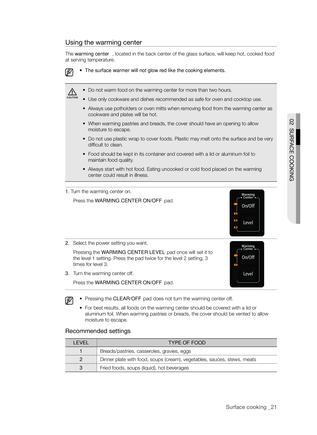 Samsung FE-R500WW Using the warming center, Surface warmer will not glow red like the cooking elements, Level Type of Food 