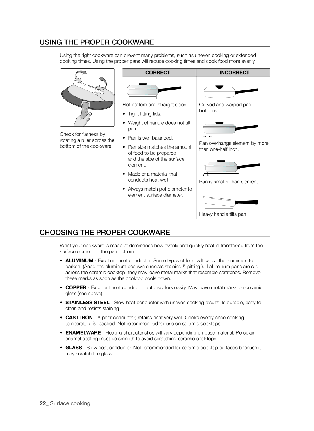 Samsung FE-R500WW user manual Using the proper cookware, Choosing the proper cookware, Correct Incorrect 