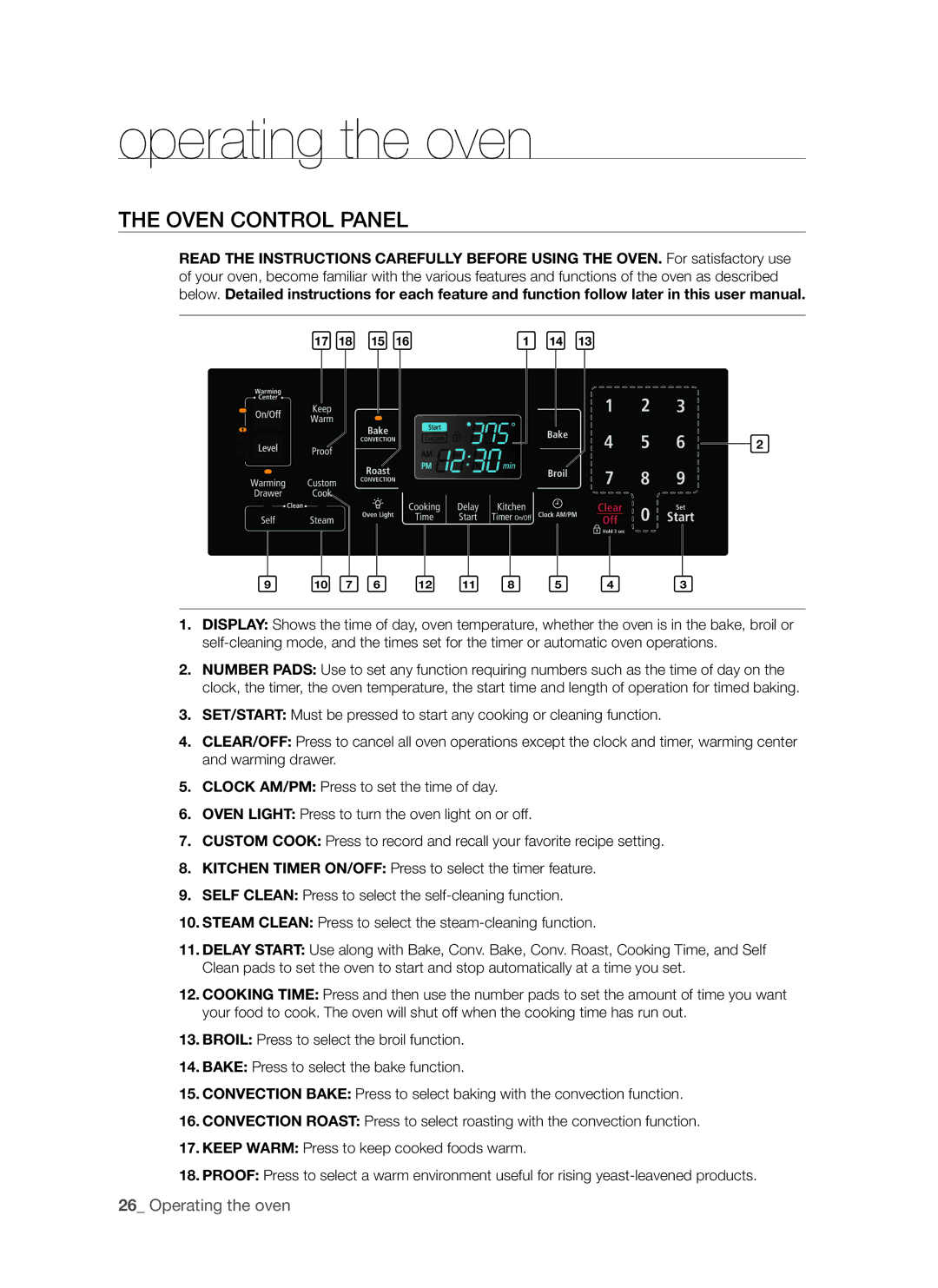 Samsung FE-R500WW user manual Operating the oven, Oven control panel 