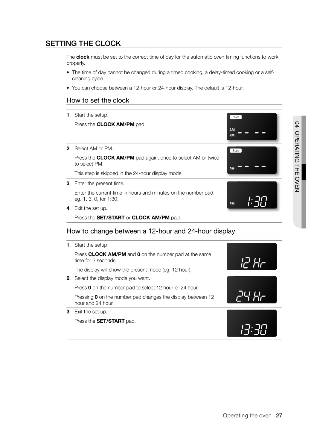 Samsung FE-R500WW user manual Setting the clock, How to set the clock, How to change between a 12-hour and 24-hour display 