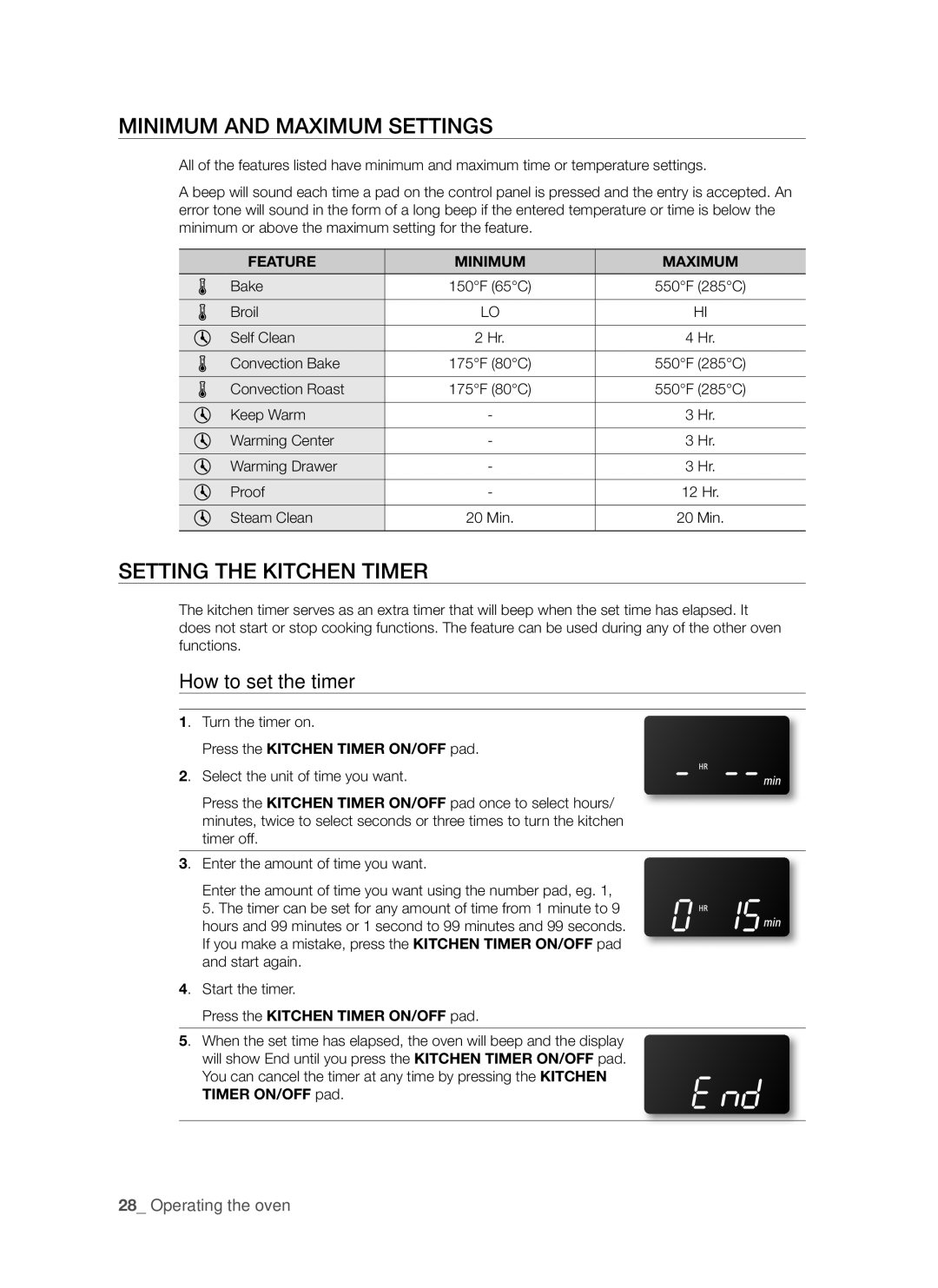 Samsung FE-R500WW Minimum and maximum settings, Setting the kitchen timer, How to set the timer, Feature Minimum Maximum 