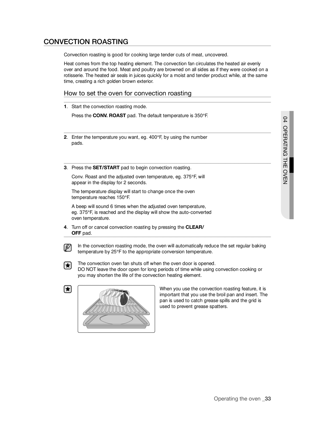 Samsung FE-R500WW user manual Convection roasting, How to set the oven for convection roasting 