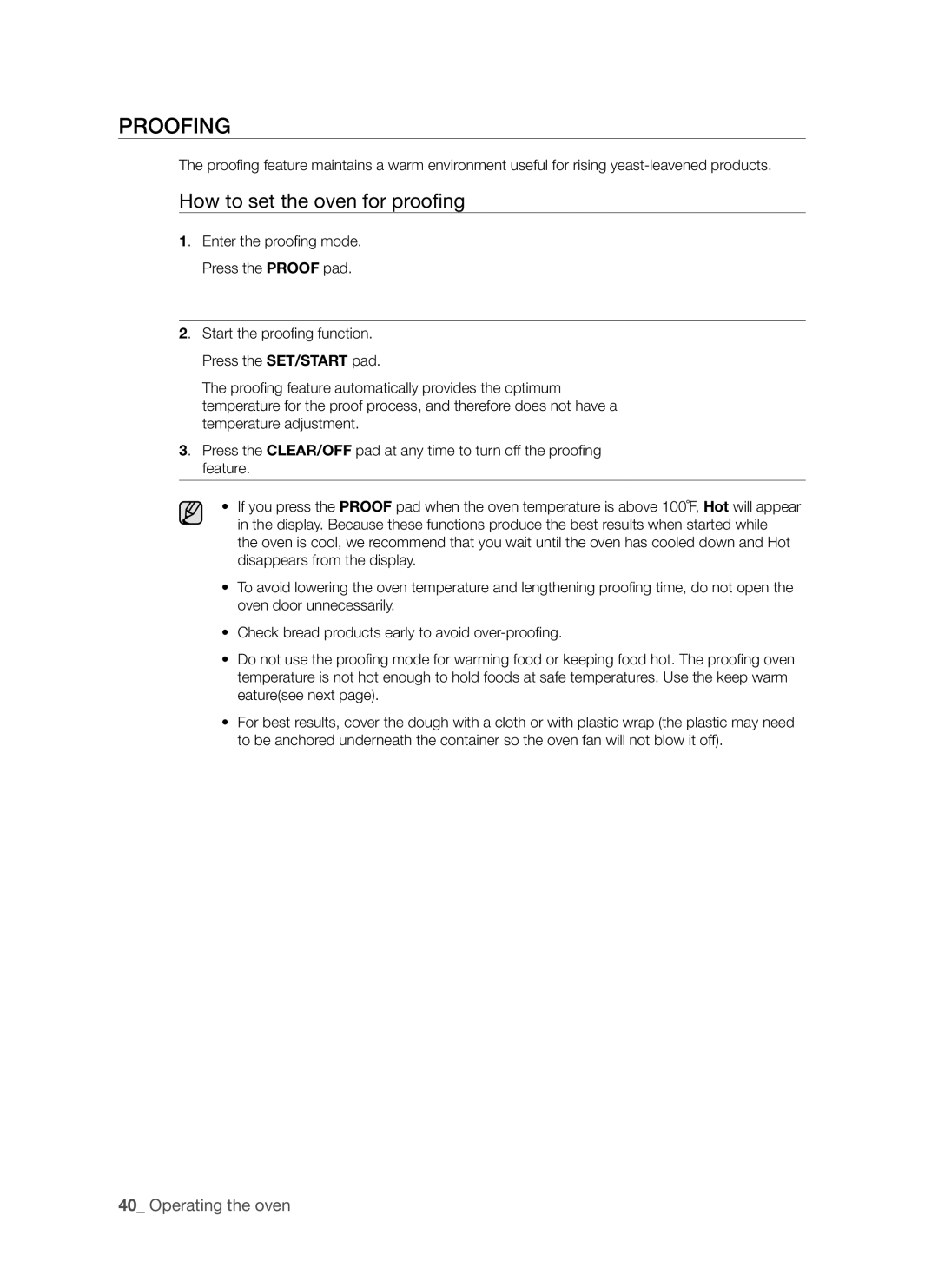 Samsung FE-R500WW user manual Proofing, How to set the oven for proofing 