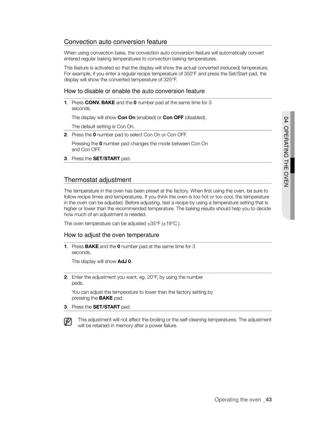 Samsung FE-R500WW user manual Convection auto conversion feature, Thermostat adjustment 