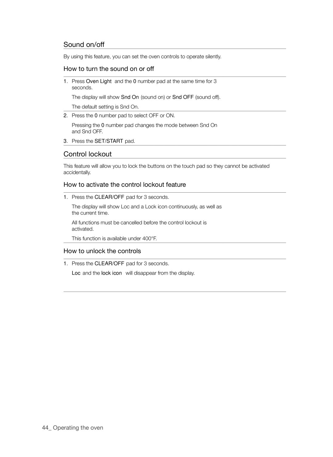 Samsung FE-R500WW user manual Sound on/off, Control lockout 