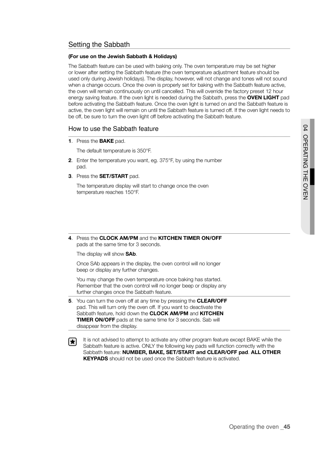 Samsung FE-R500WW user manual Setting the Sabbath, For use on the Jewish Sabbath & Holidays 