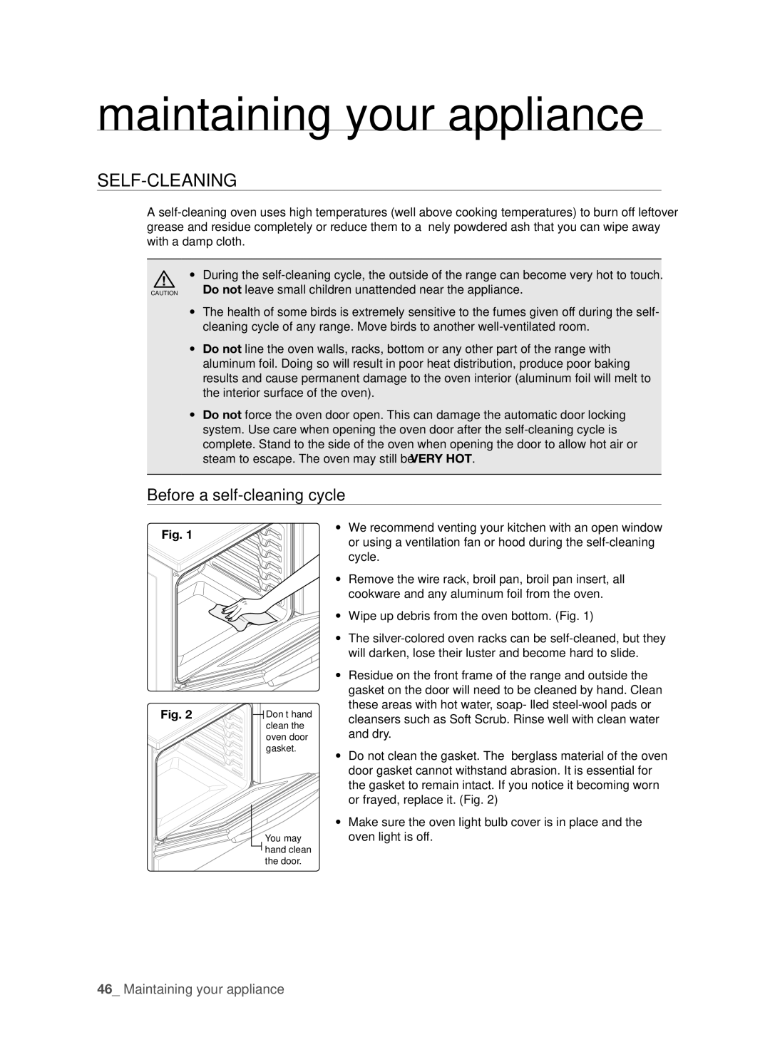 Samsung FE-R500WW user manual Maintaining your appliance, Self-cleaning, Before a self-cleaning cycle 