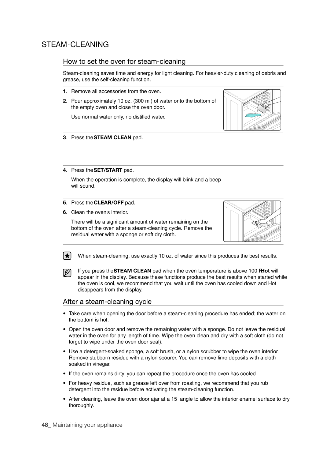 Samsung FE-R500WW user manual Steam-cleaning, How to set the oven for steam-cleaning, After a steam-cleaning cycle 