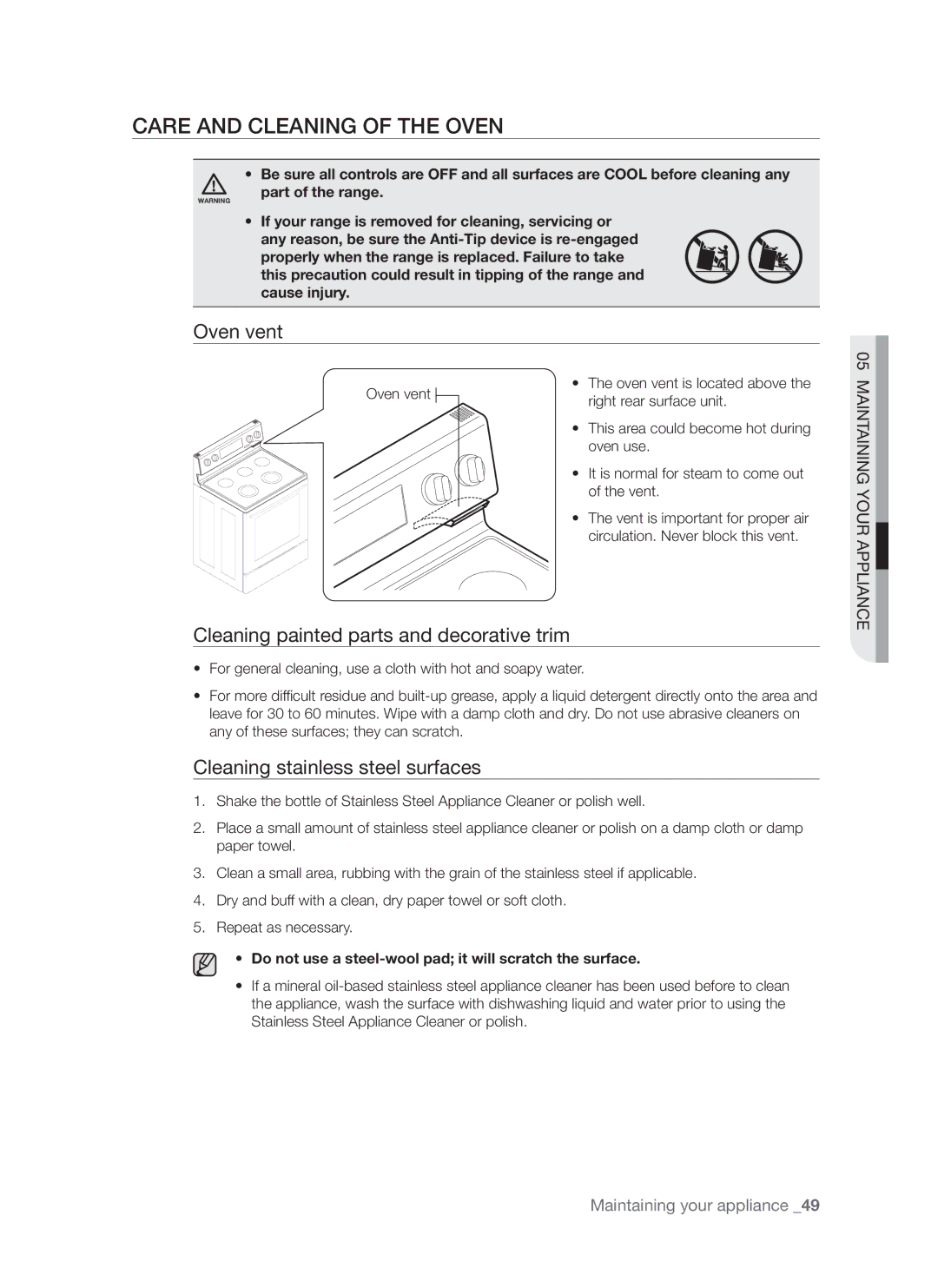 Samsung FE-R500WW user manual Care and cleaning of the oven, Oven vent, Cleaning painted parts and decorative trim 