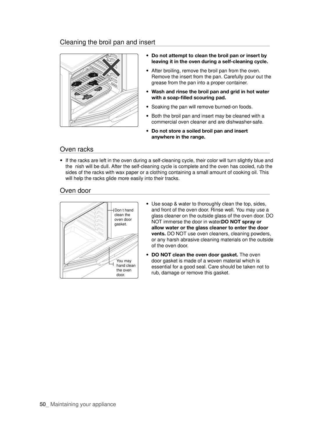 Samsung FE-R500WW user manual Cleaning the broil pan and insert, Oven racks, Oven door 