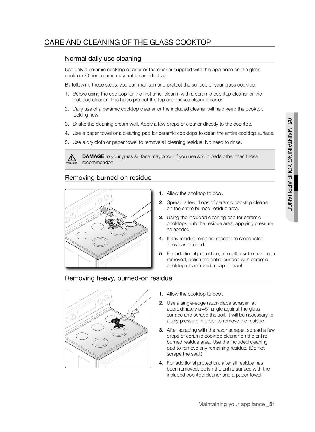 Samsung FE-R500WW user manual Care and cleaning of the glass cooktop, Normal daily use cleaning, Removing burned-on residue 