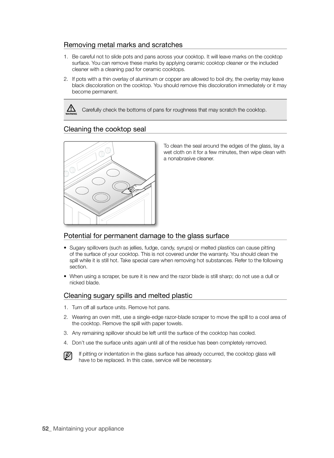 Samsung FE-R500WW Removing metal marks and scratches, Cleaning the cooktop seal, Cleaning sugary spills and melted plastic 