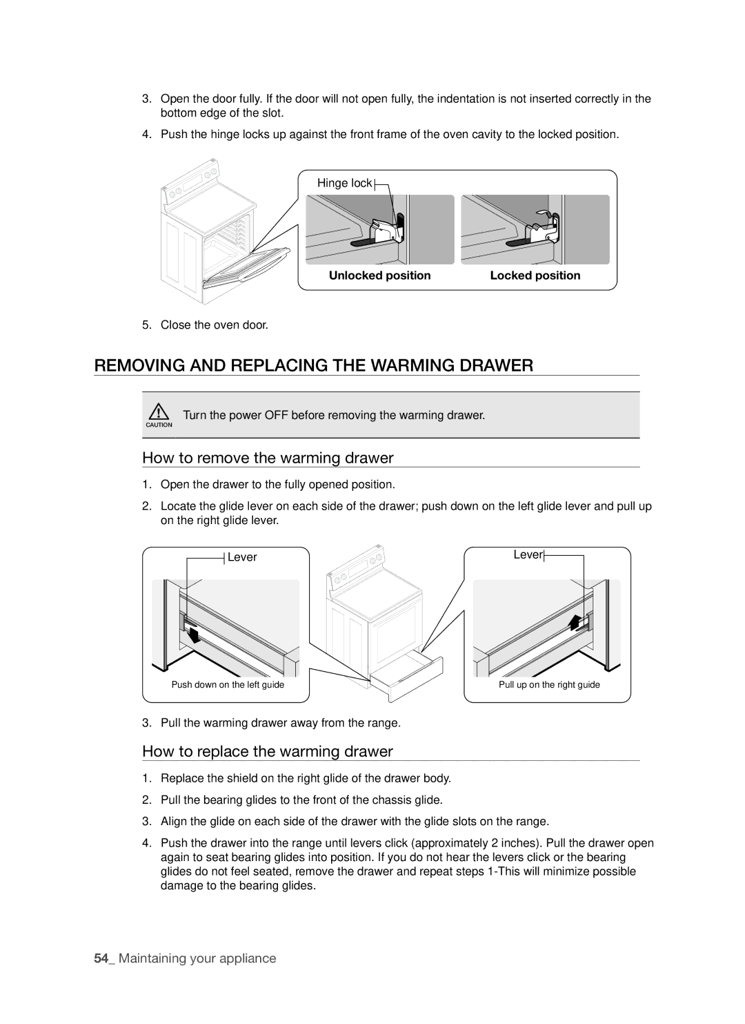 Samsung FE-R500WW user manual Removing and replacing the warming drawer, How to remove the warming drawer 