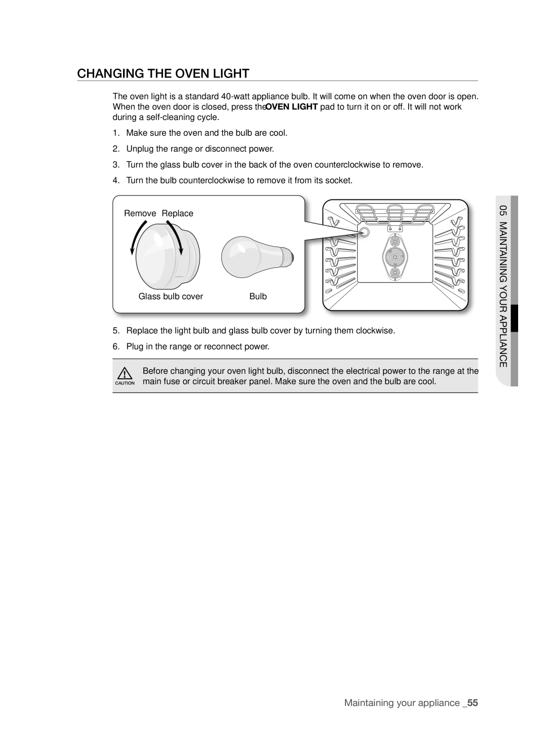 Samsung FE-R500WW user manual Changing the oven light 