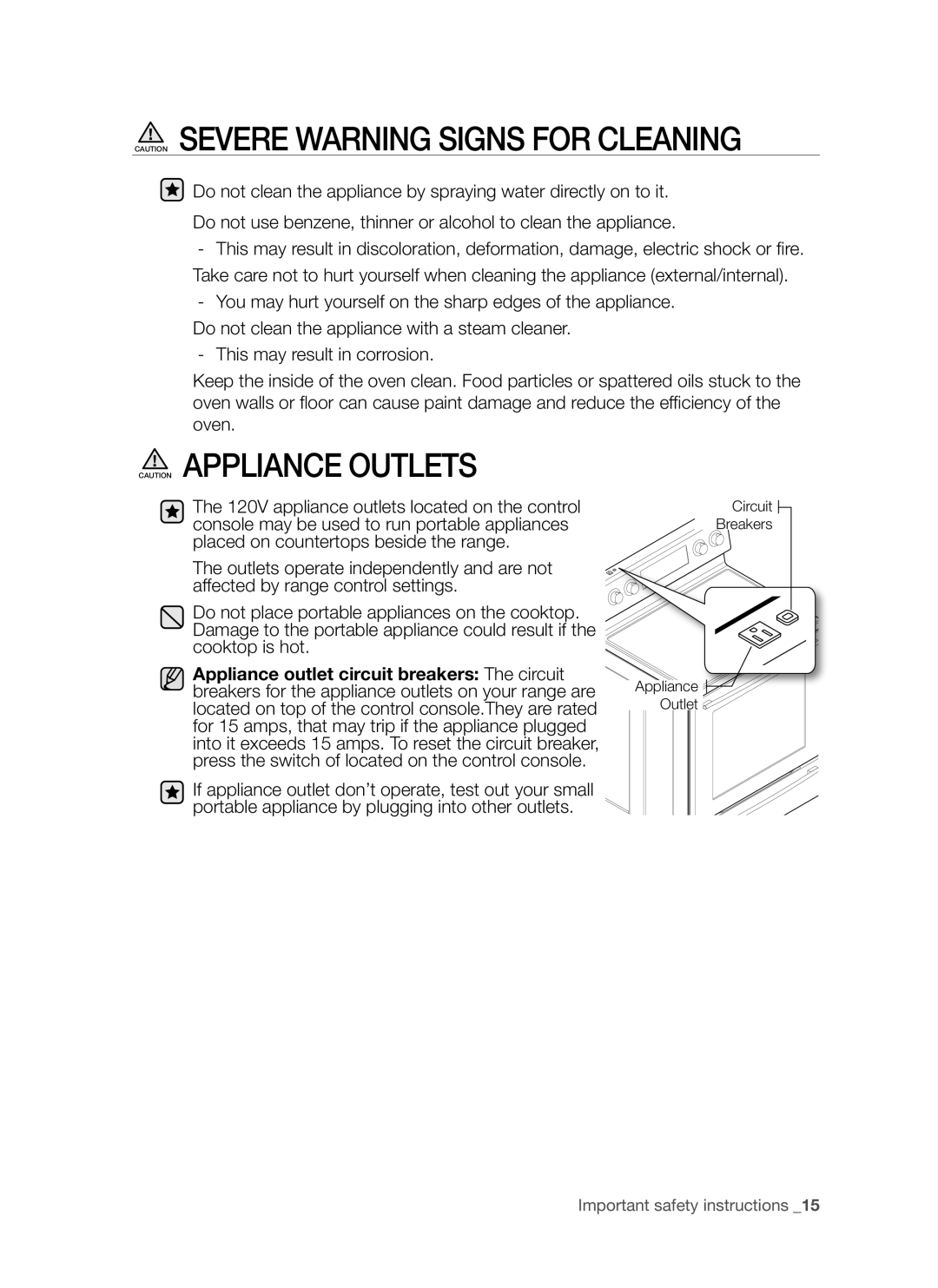 Samsung FE-R500WW user manual Caution Severe Warning Signs For Cleaning, Caution Appliance Outlets 