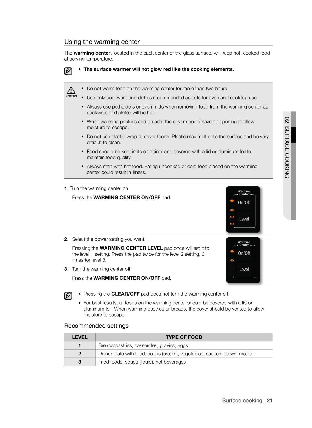 Samsung FE-R500WW user manual Using the warming center, Recommended settings, Surface Cooking, Surface cooking 