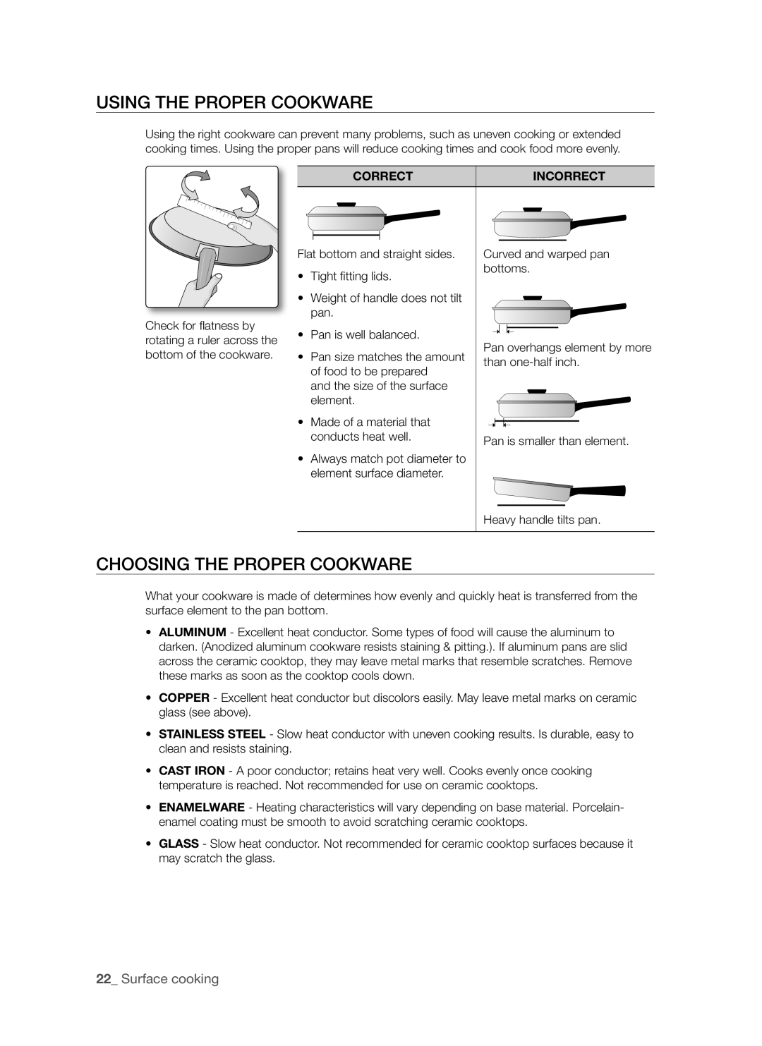 Samsung FE-R500WW user manual Using the proper cookware, Choosing the proper cookware, Surface cooking 