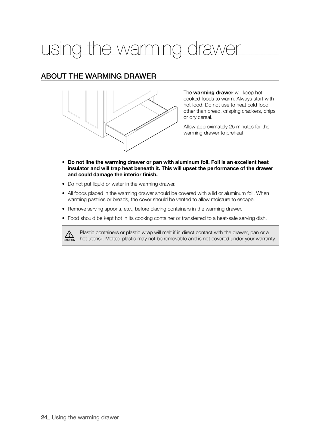 Samsung FE-R500WW user manual using the warming drawer, About the warming drawer, Using the warming drawer 