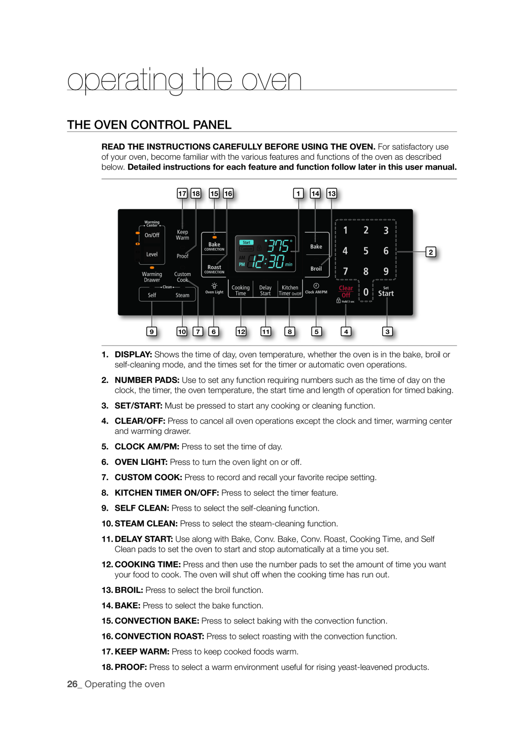 Samsung FE-R500WW user manual operating the oven, The oven control panel, Operating the oven 