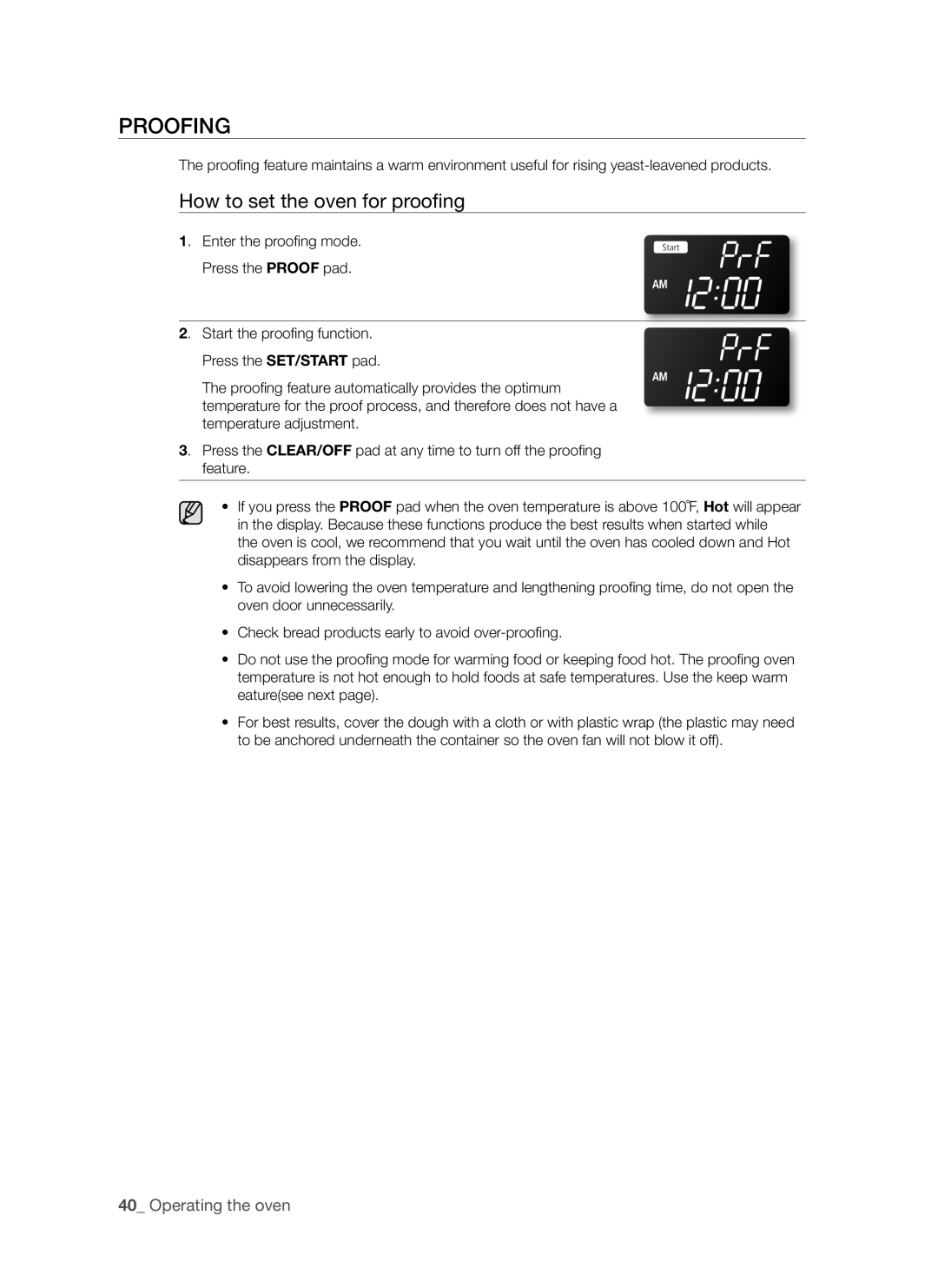 Samsung FE-R500WW user manual Proofing, How to set the oven for proofing, Operating the oven 