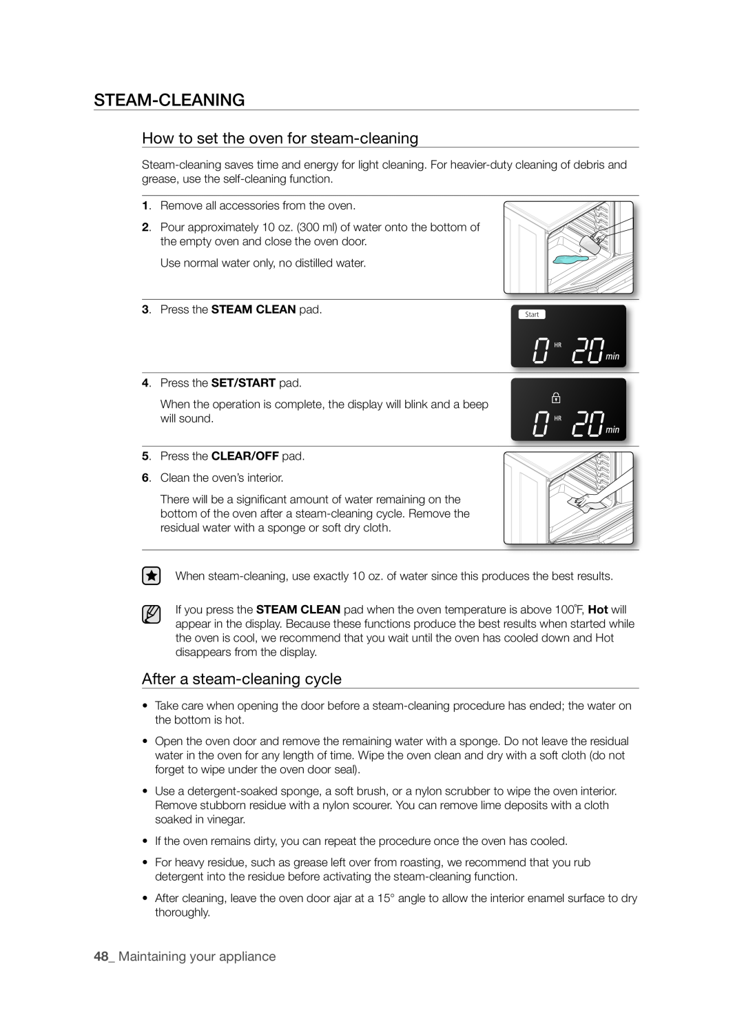 Samsung FE-R500WW user manual Steam-cleaning, How to set the oven for steam-cleaning, After a steam-cleaning cycle 