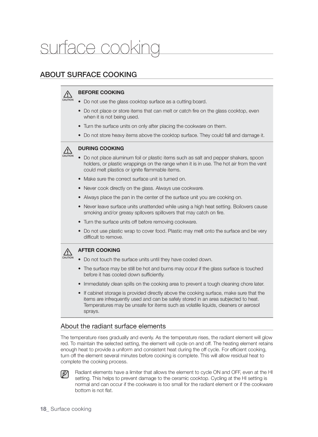 Samsung FE-R700WX, DG68-00294A user manual Surface cooking, About surface cooking, About the radiant surface elements 