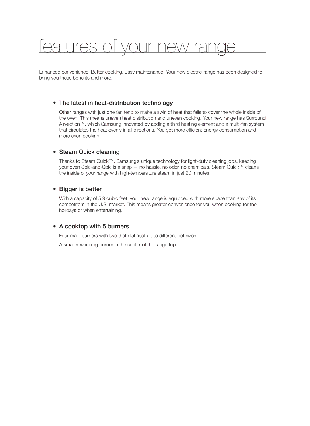 Samsung DG68-00294A, FE-R700WX user manual Features of your new range, Latest in heat-distribution technology 