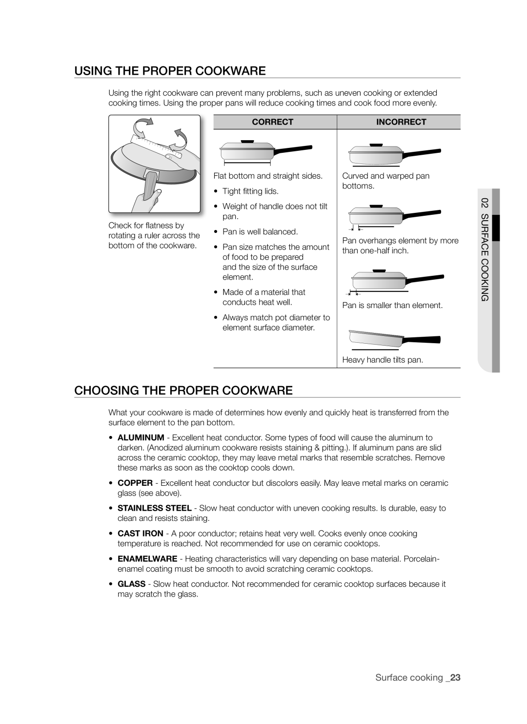 Samsung DG68-00294A, FE-R700WX user manual Using the proper cookware, Choosing the proper cookware, Correct Incorrect 