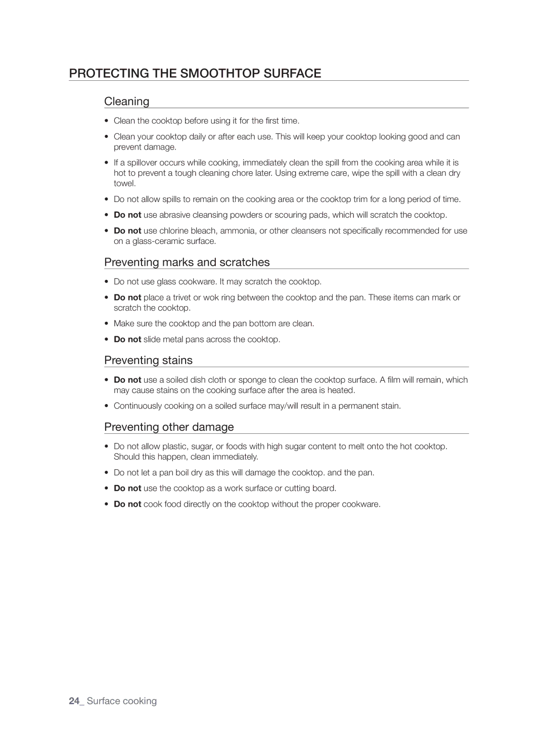 Samsung FE-R700WX user manual Protecting the smoothtop surface, Cleaning, Preventing marks and scratches, Preventing stains 