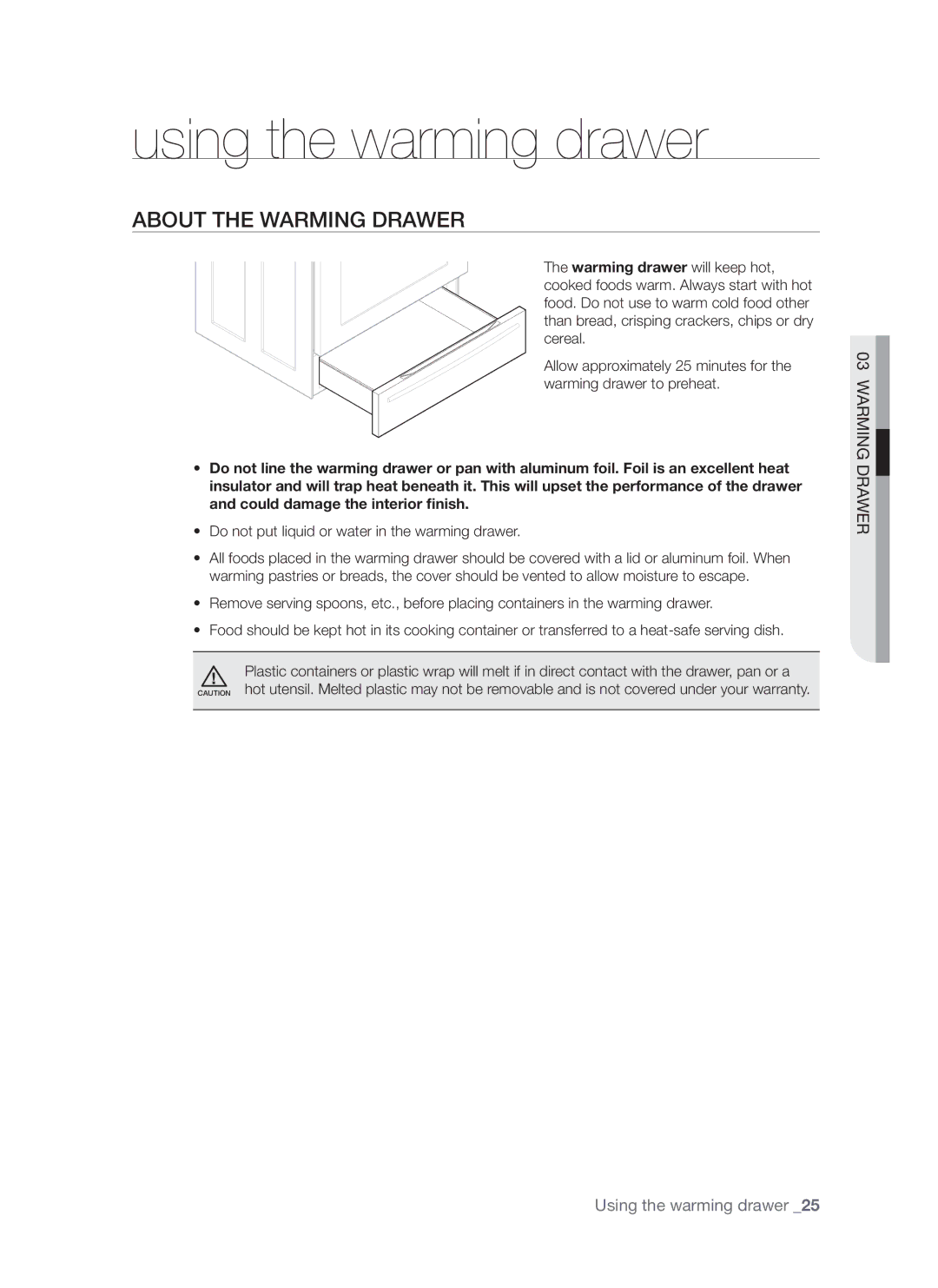 Samsung FE-R700WX, DG68-00294A user manual Using the warming drawer, About the warming drawer 