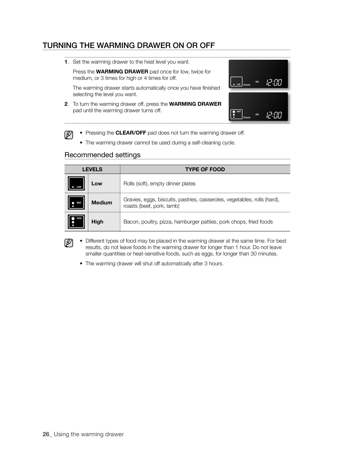 Samsung DG68-00294A Turning the warming drawer on or off, Levels Type of Food, Low Rolls soft, empty dinner plates Medium 