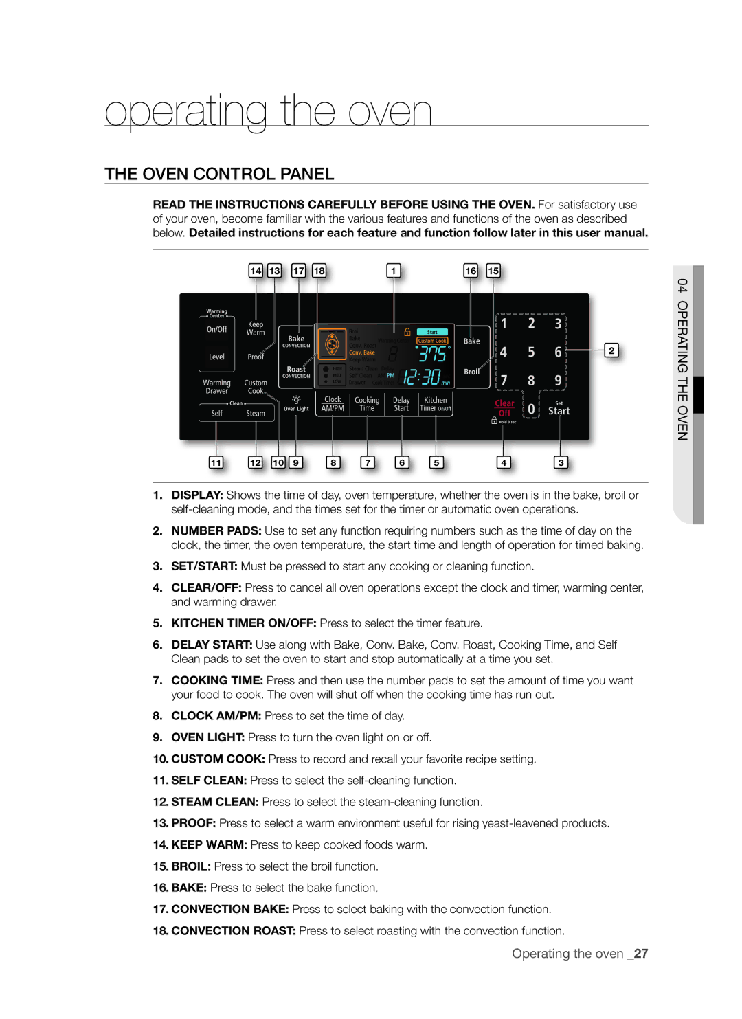 Samsung FE-R700WX, DG68-00294A user manual Operating the oven, Oven control panel 