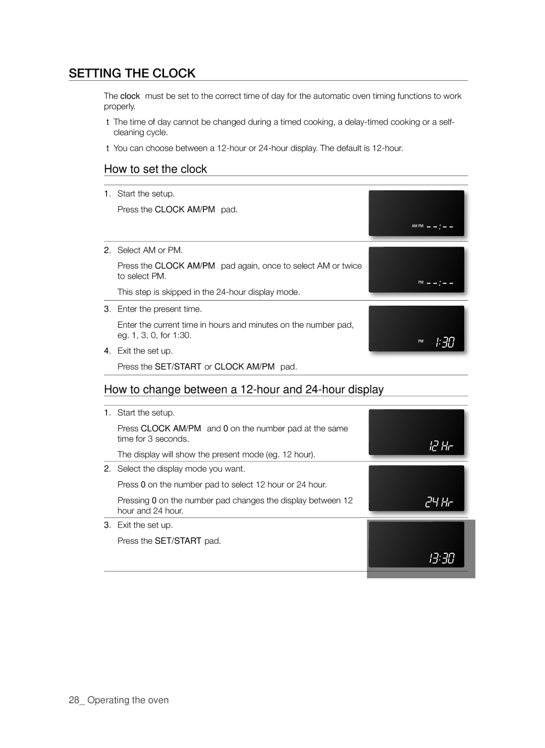 Samsung FE-R700WX Setting the clock, How to set the clock, How to change between a 12-hour and 24-hour display 