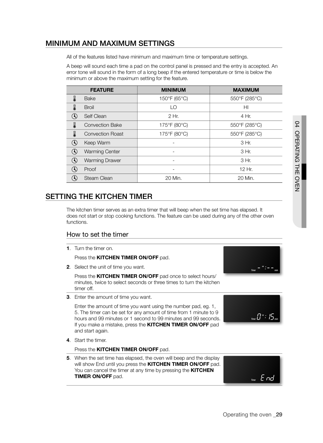 Samsung DG68-00294A Minimum and maximum settings, Setting the kitchen timer, How to set the timer, Feature Minimum Maximum 