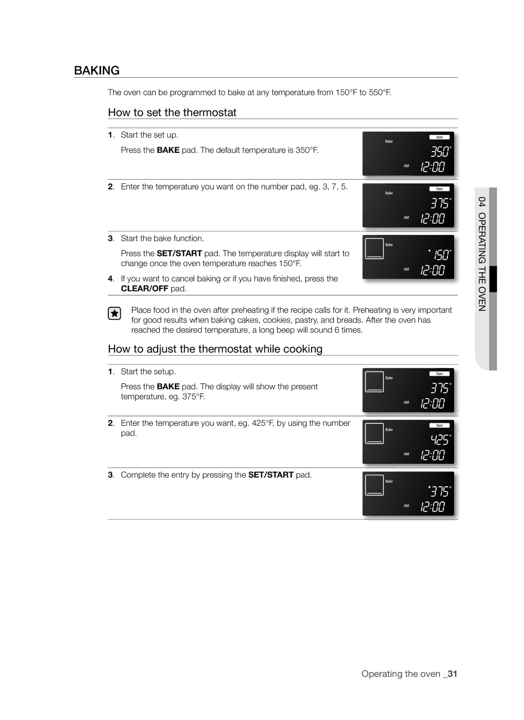 Samsung FE-R700WX, DG68-00294A user manual Baking, How to set the thermostat, How to adjust the thermostat while cooking 