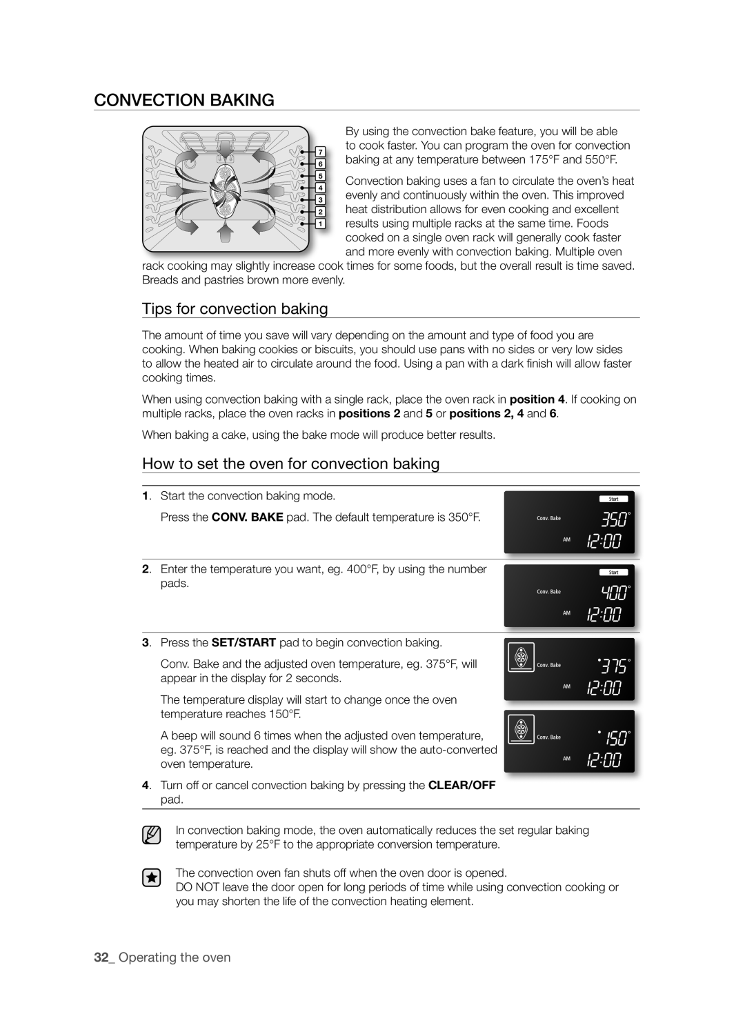 Samsung DG68-00294A, FE-R700WX Convection baking, Tips for convection baking, How to set the oven for convection baking 