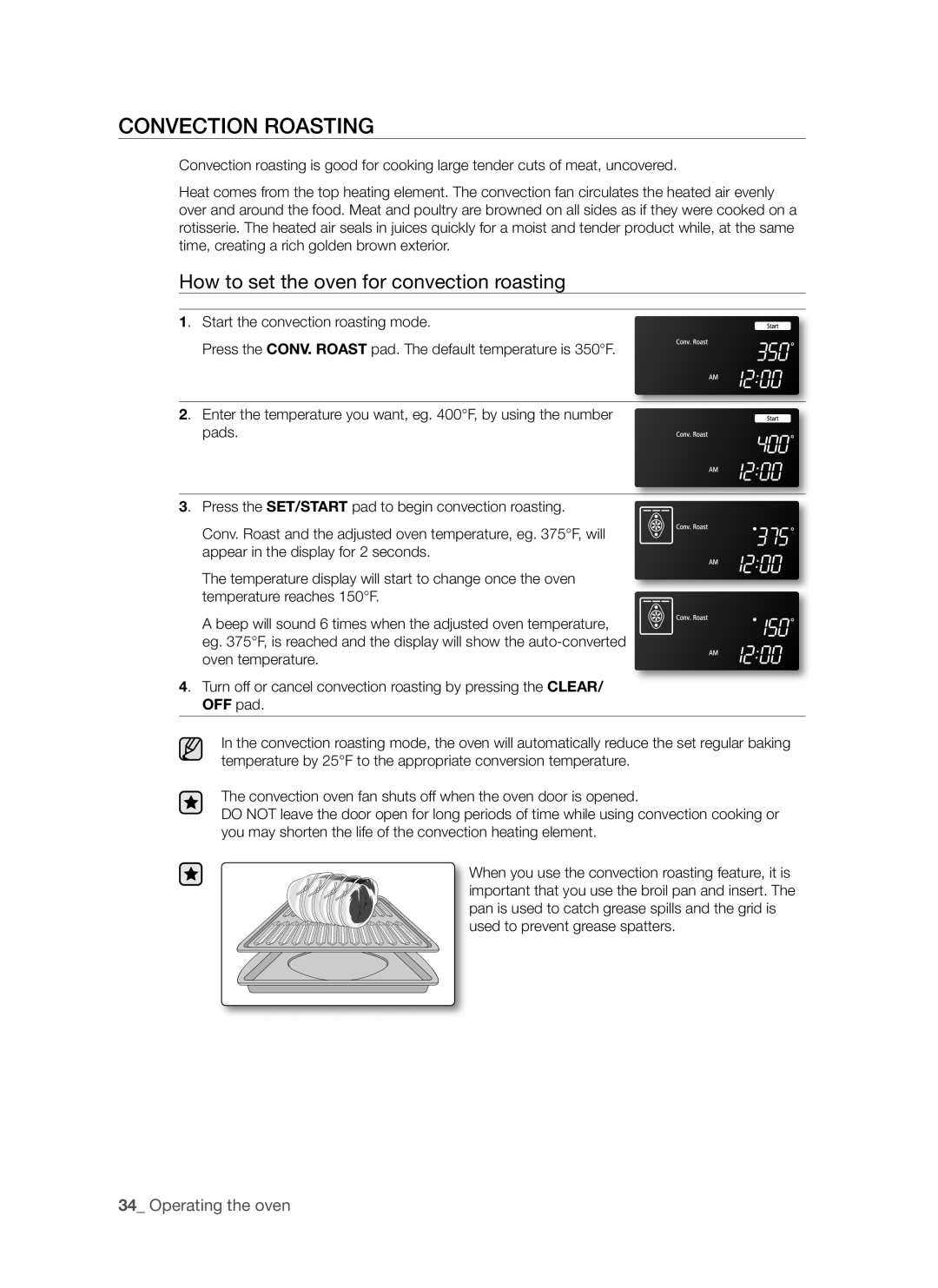 Samsung FE-R700WX, DG68-00294A user manual Convection roasting, How to set the oven for convection roasting 