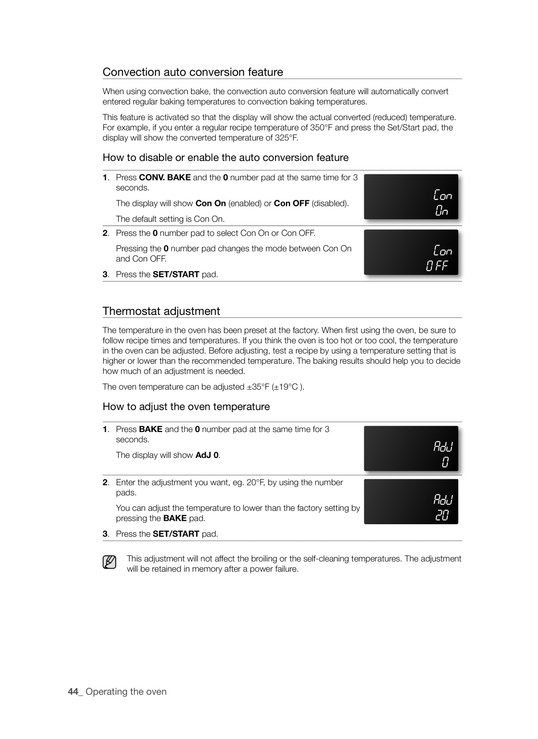 Samsung DG68-00294A, FE-R700WX user manual Convection auto conversion feature, Thermostat adjustment 