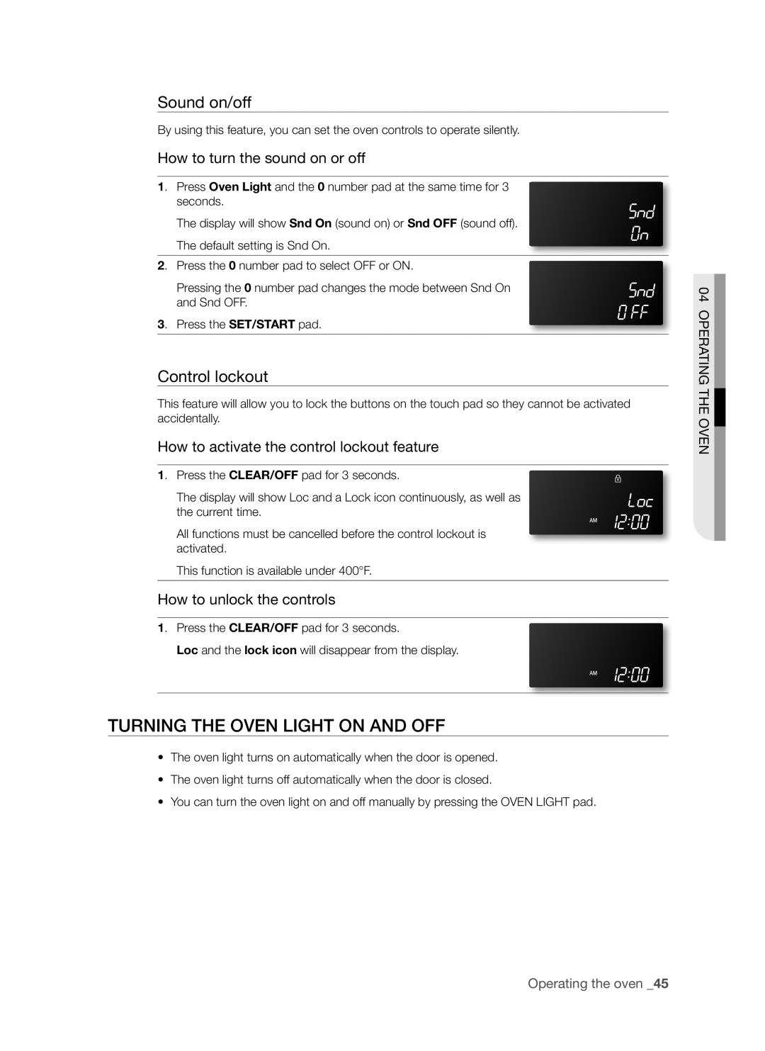 Samsung FE-R700WX, DG68-00294A user manual Turning the oven light on and off, Sound on/off, Control lockout 