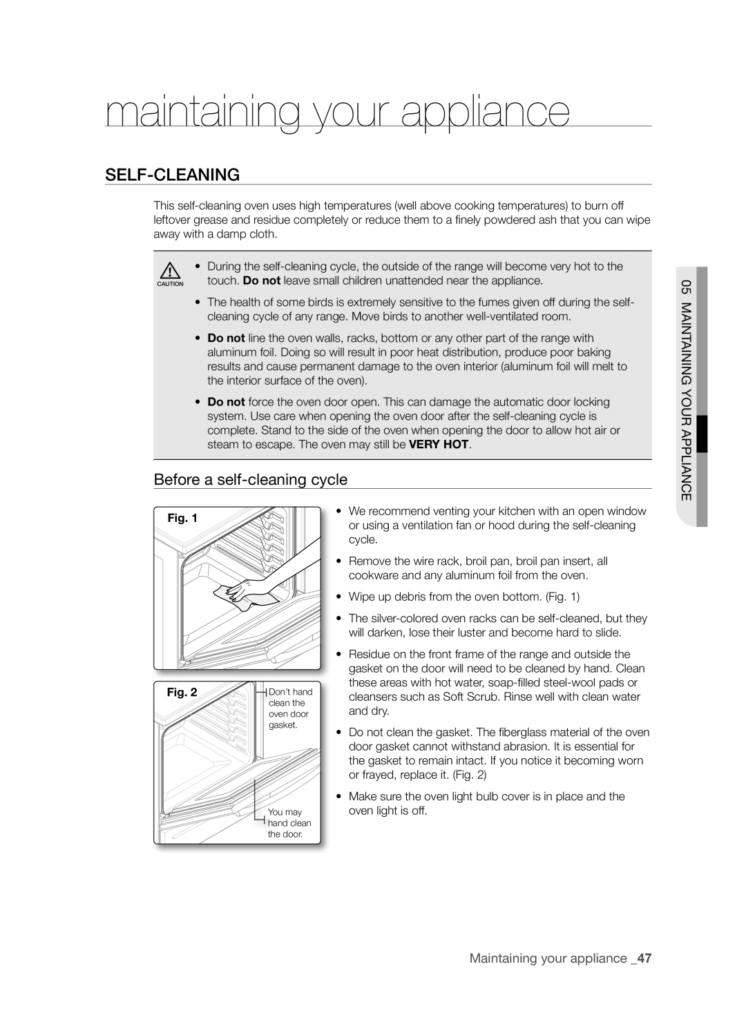 Samsung DG68-00294A, FE-R700WX user manual Maintaining your appliance, Self-cleaning, Before a self-cleaning cycle 