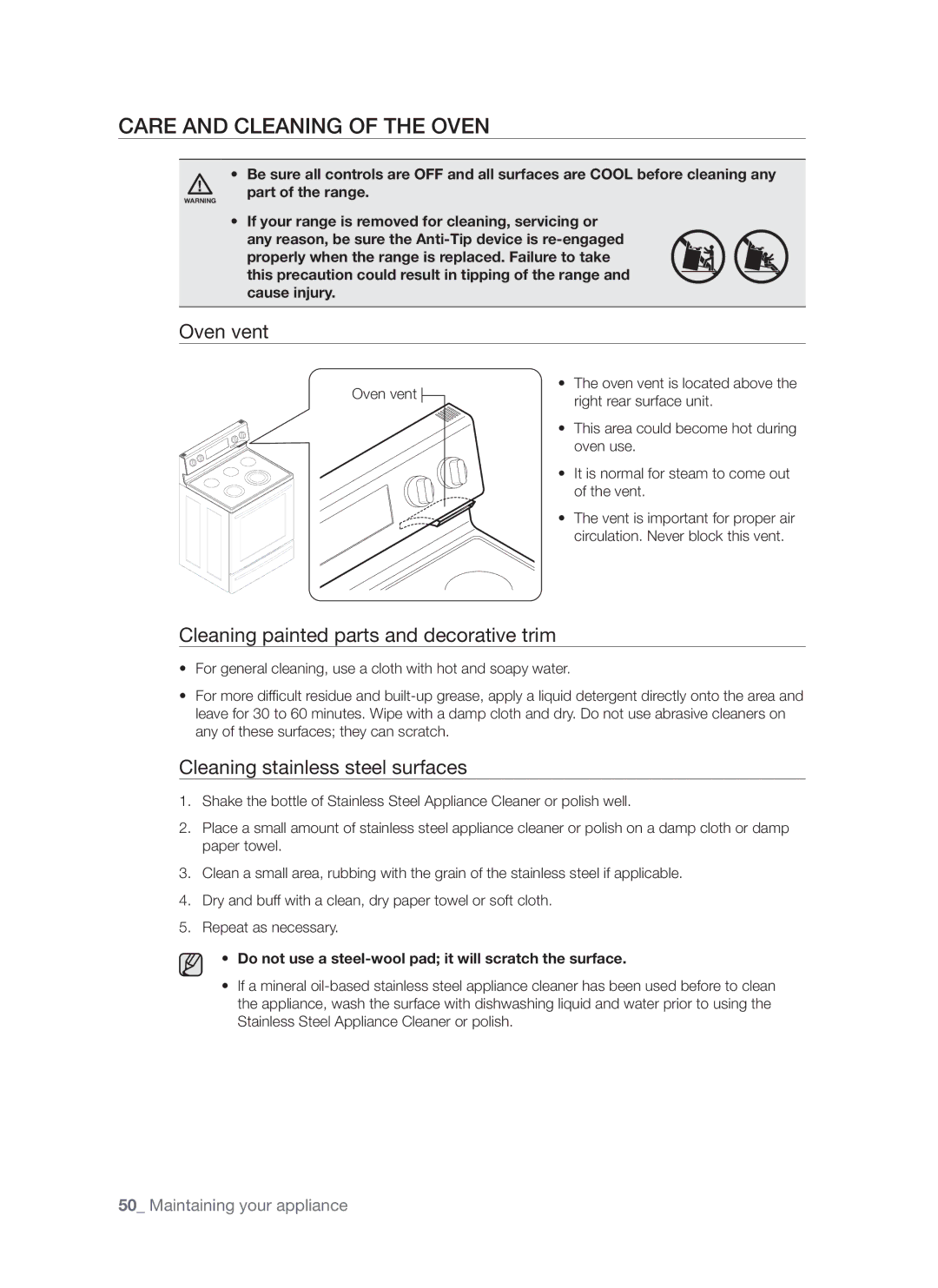 Samsung DG68-00294A, FE-R700WX Care and cleaning of the oven, Oven vent, Cleaning painted parts and decorative trim 