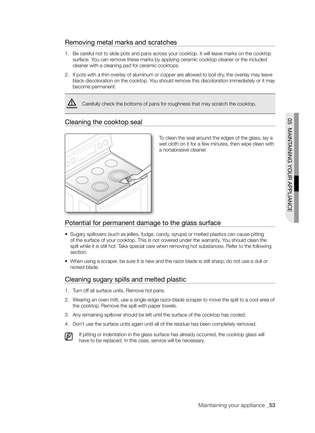 Samsung DG68-00294A, FE-R700WX user manual Removing metal marks and scratches, Cleaning the cooktop seal 