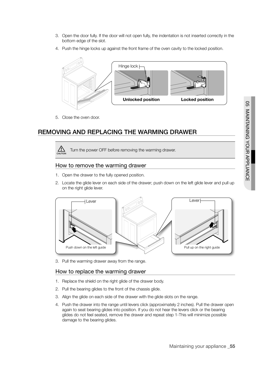 Samsung FE-R700WX, DG68-00294A user manual Removing and replacing the warming drawer, How to remove the warming drawer 