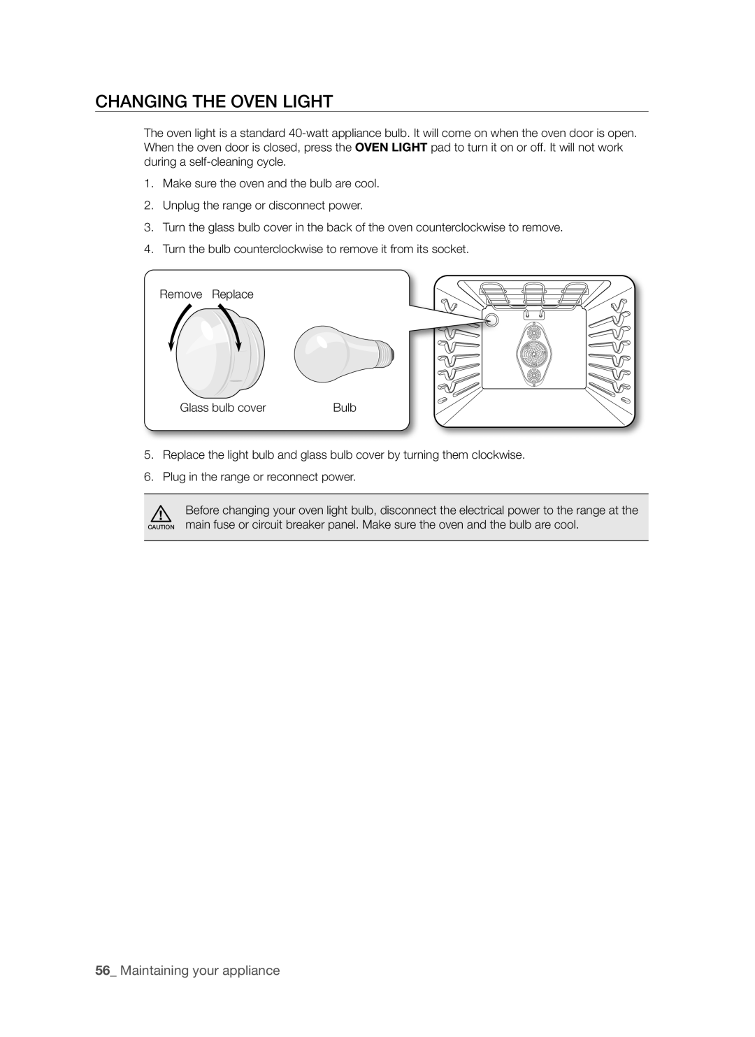 Samsung DG68-00294A, FE-R700WX user manual Changing the oven light 