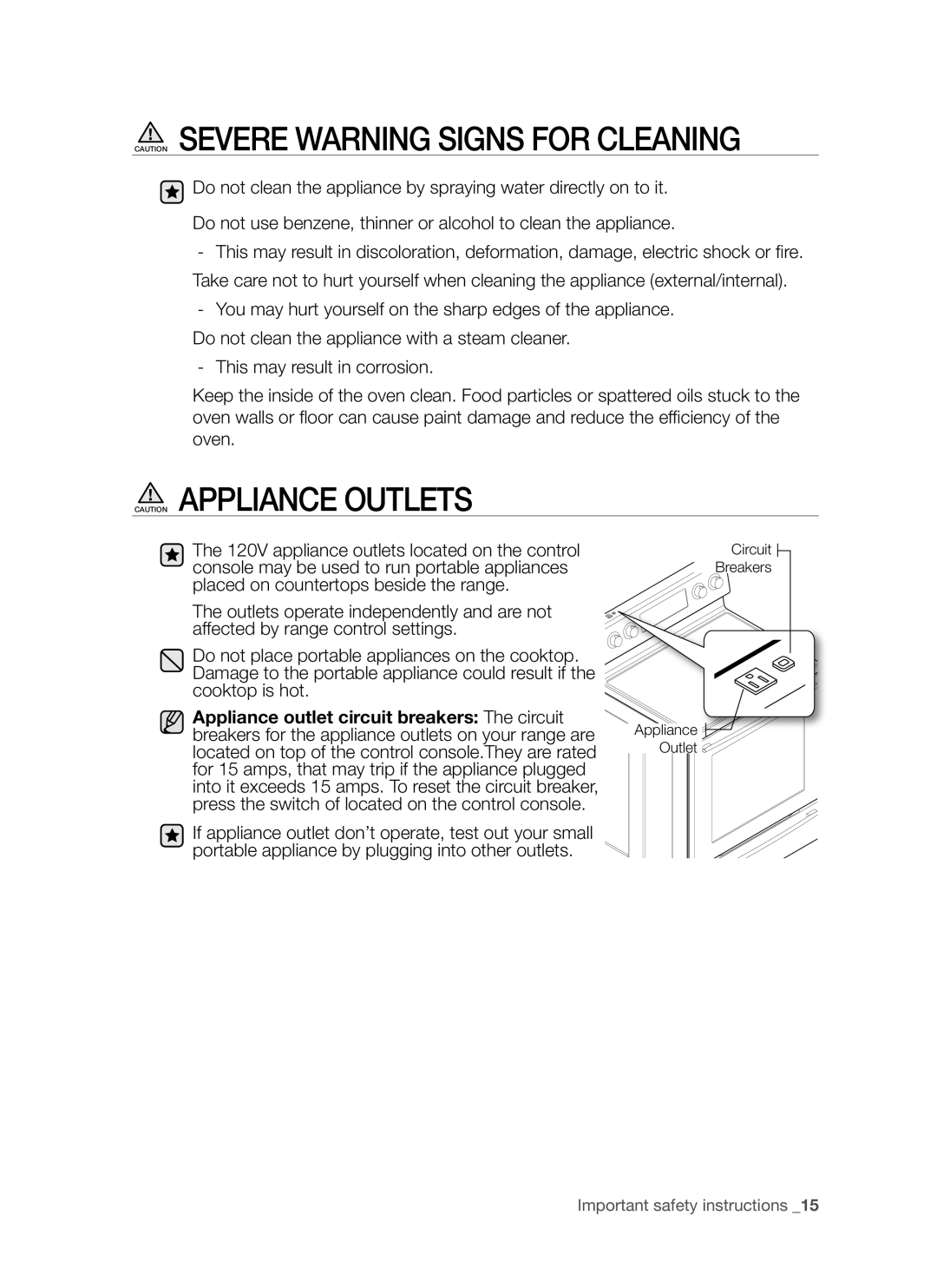 Samsung FE-R700WX, DG68-00294A user manual Caution Severe Warning Signs For Cleaning, Caution Appliance Outlets 