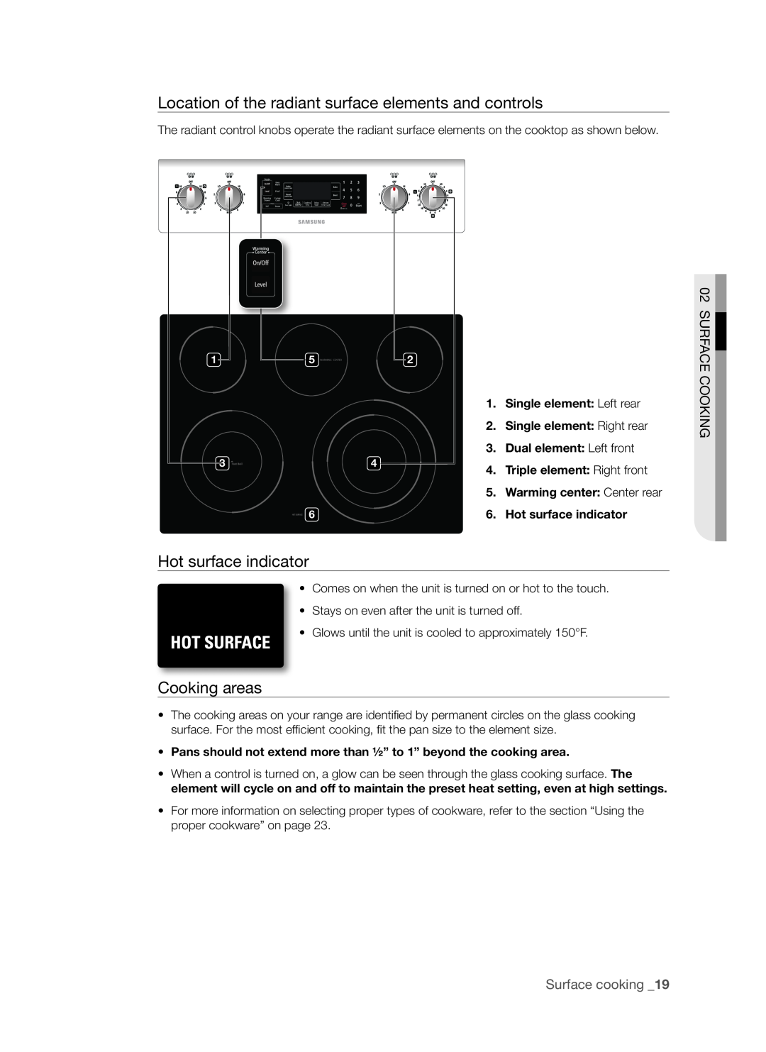 Samsung FE-R700WX, DG68-00294A user manual Hot surface indicator, Cooking areas, Surface Cooking, Surface cooking 