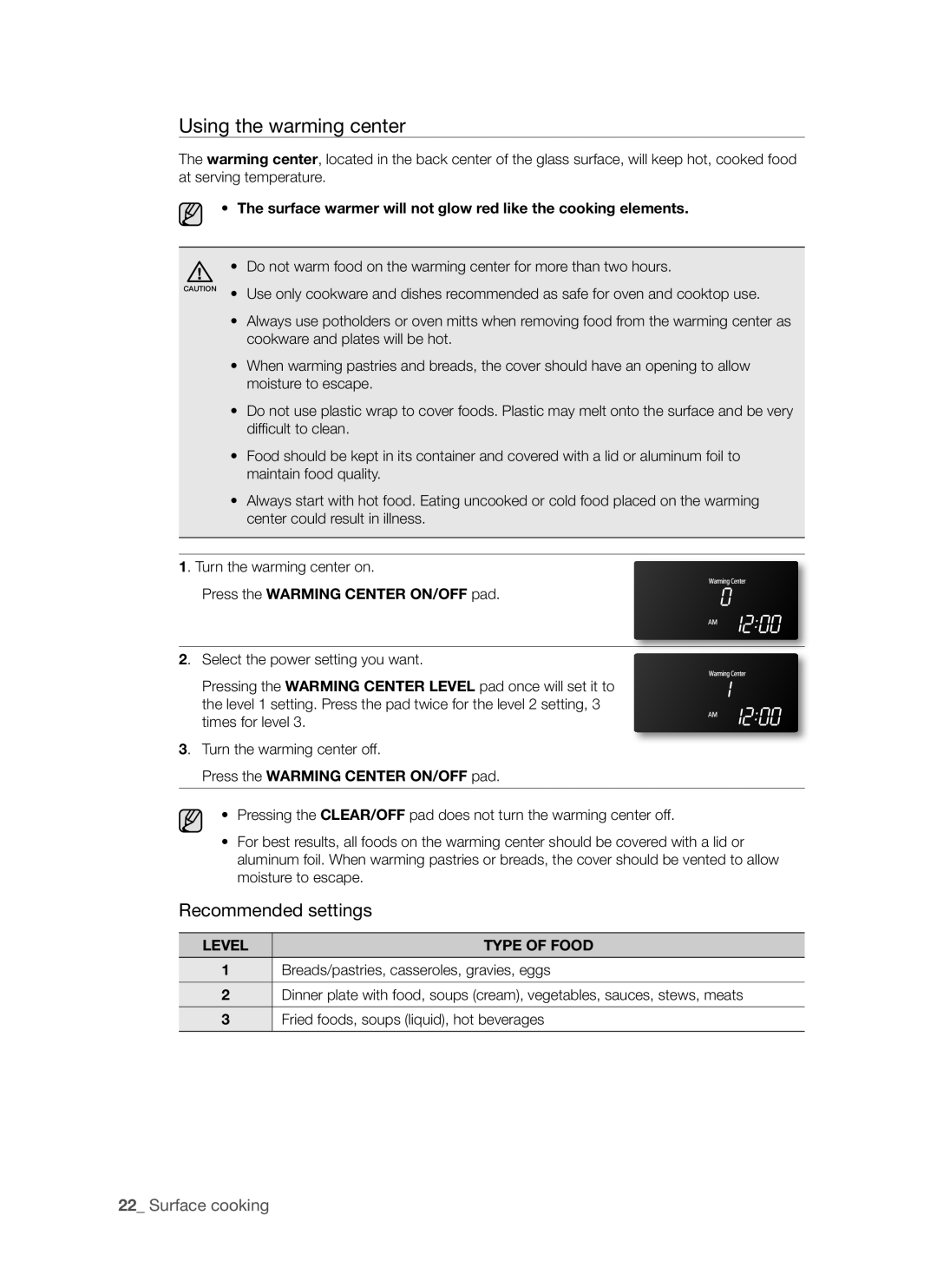 Samsung FE-R700WX, DG68-00294A user manual Using the warming center, Recommended settings, Surface cooking 