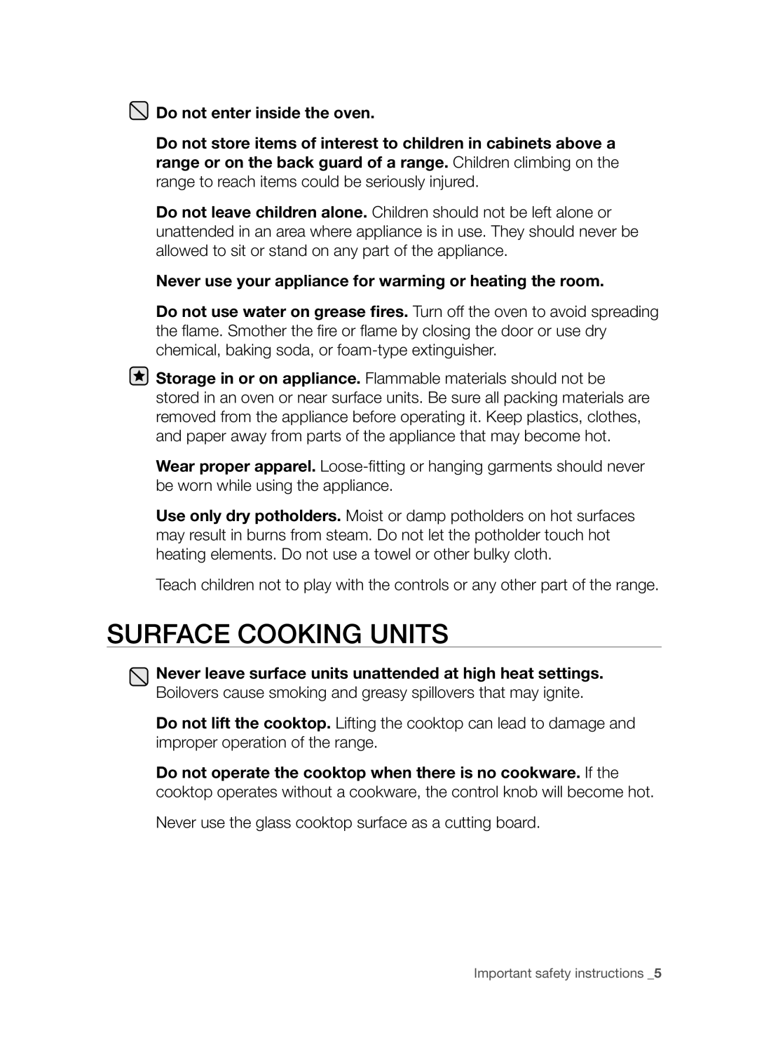 Samsung DG68-00294A, FE-R700WX user manual Surface Cooking Units, Do not enter inside the oven 